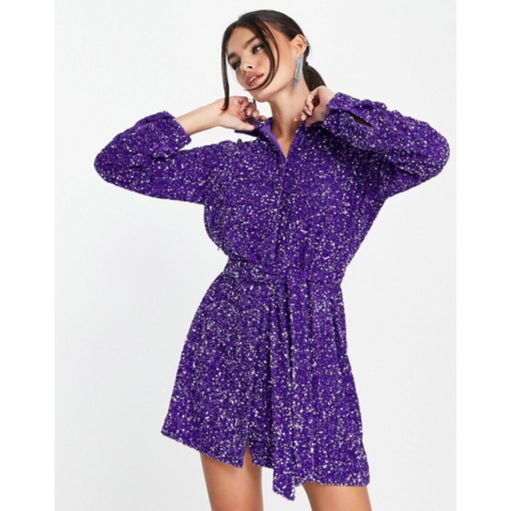 & Other Stories All Over Purple Sequin Mini Shirt Dress - Small